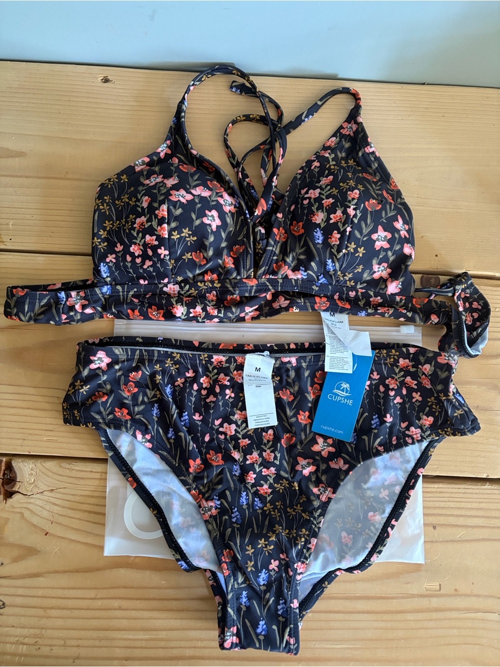 Cupshe Black Floral Mid-Rise Bikini Bottoms with Pink & Blue Blooms